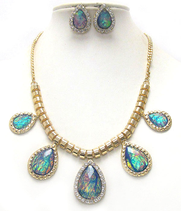 Multi abalone finish teardrop and crystal edge deco necklace earring set