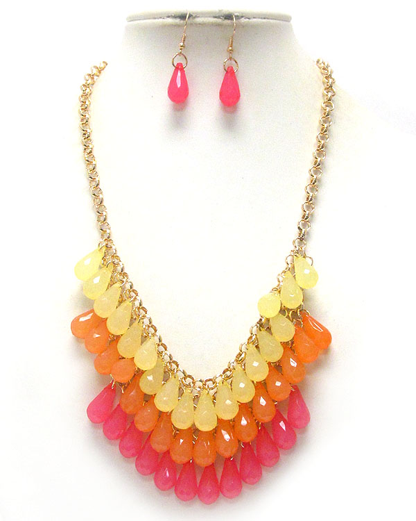 Three layered acrylic stone drop necklace earring set