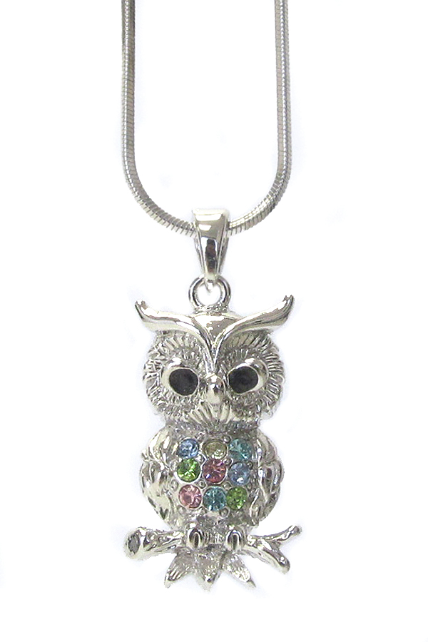 WHITEGOLD PLATING CRYSTAL OWL PENDANT NECKLACE