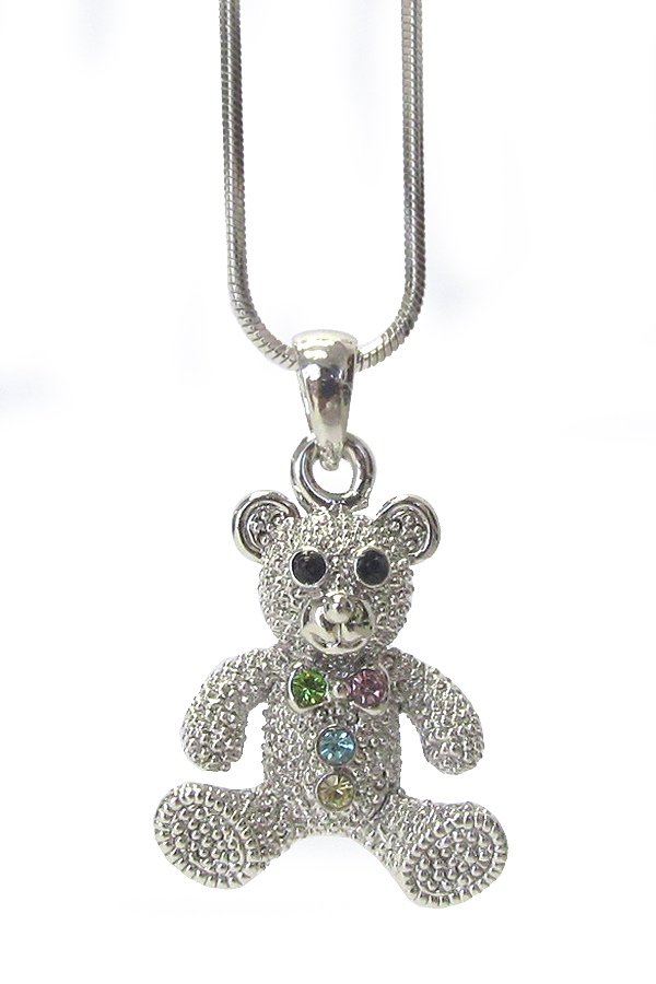 MADE IN KOREA WHITEGOLD PLATING CRYSTAL TEDDY BEAR PENDANT NECKLACE -valentine