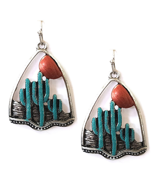 WESTERN THEME PATINA SUN AND CACTUS EARRING