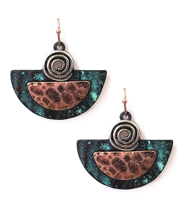 VINTAGE RUSTIC PATINA SWIRL HALF MOON EARRING