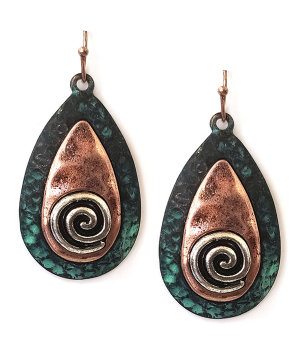 Vintage rustic patina swirl teardrop earring
