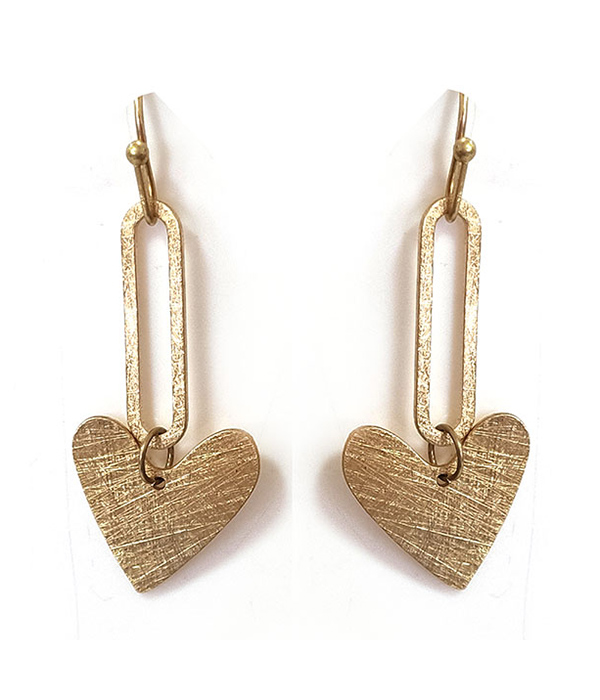 Scratch metal heart drop earring - brass metal