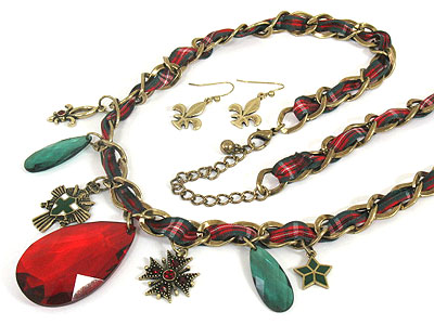 Classic fuer de lis and crystal charm and glass drop fabric braided necklace set
