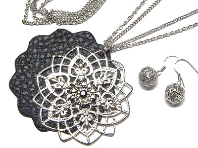 Metal casting fluer de lis and crystal and leather back necklace and ball earring set