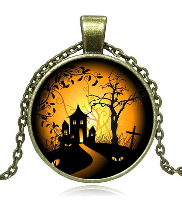 Antique bronze halloween theme cabochon necklace