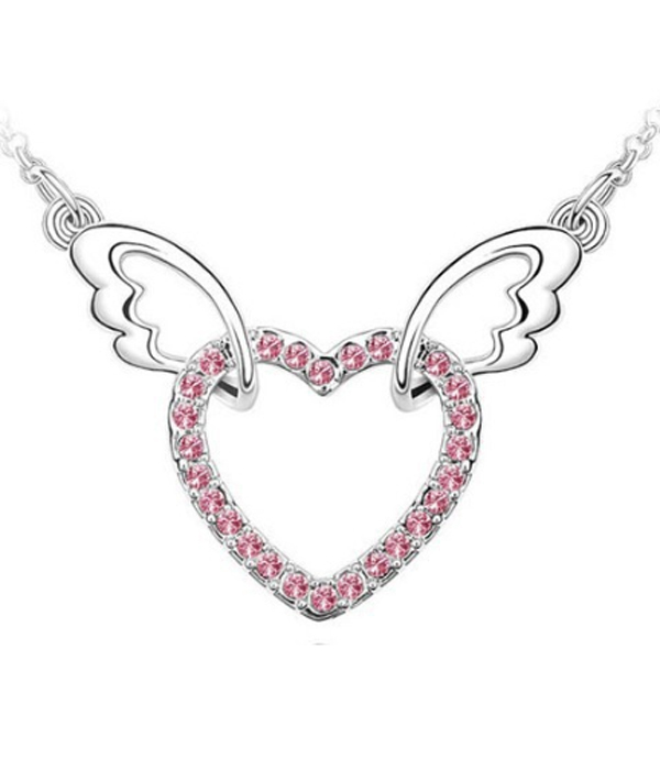 Crystal heart and angel wing pendant necklace