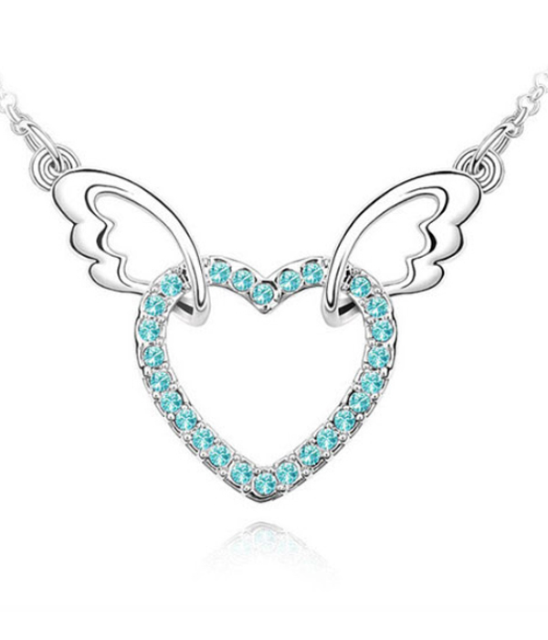 Crystal heart and angel wing pendant necklace