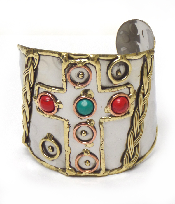 Handmade metal art cross bangle bracelet - 100% brass