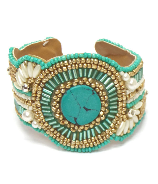 Multi seed beads stone center bracelet - brass 