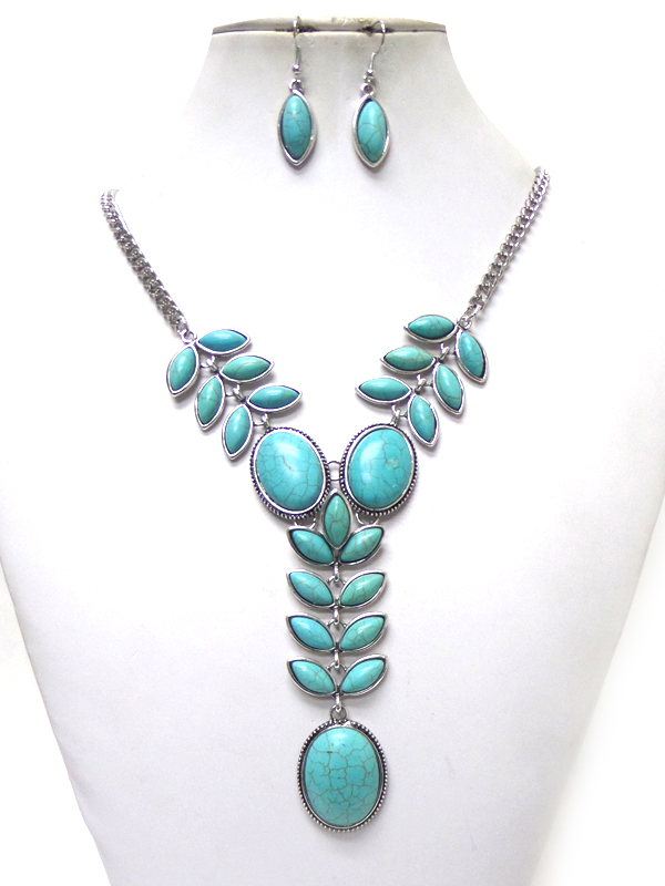 Chain turquoise stone leaf drop necklace set 