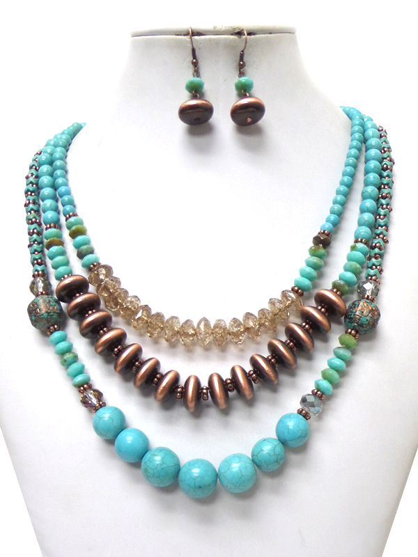3 layer multi size beads and stones necklace set