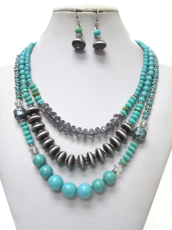 3 layer multi size beads and stones necklace set