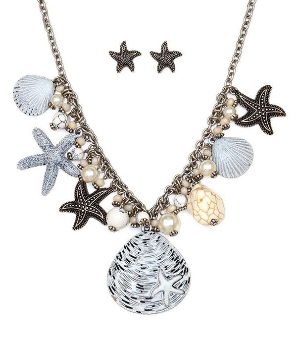 Starfish and shell mix drop chunky necklace set