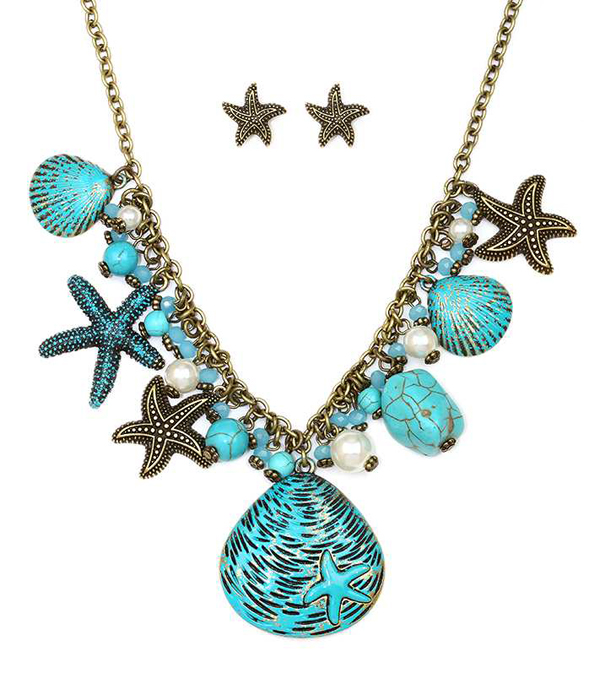 Starfish and shell mix drop chunky necklace set