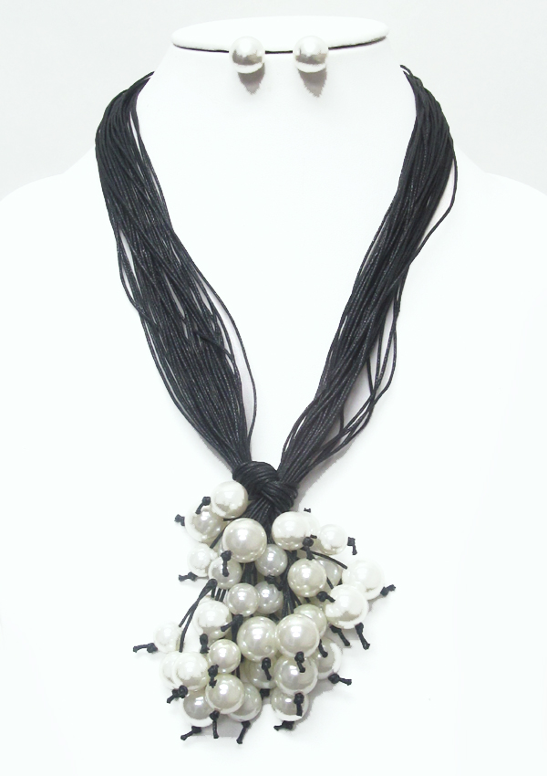 Multi pearl and cord chain pull tie necklace set