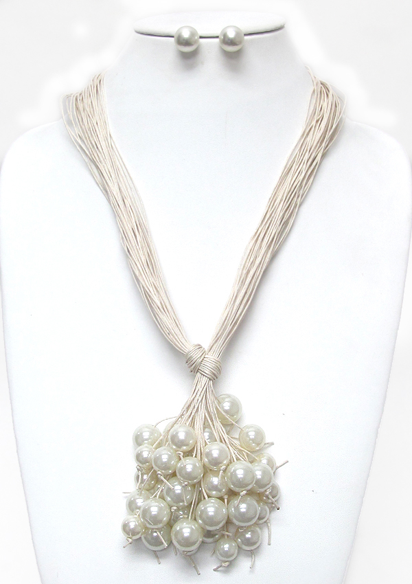 Multi pearl and cord chain pull tie necklace set