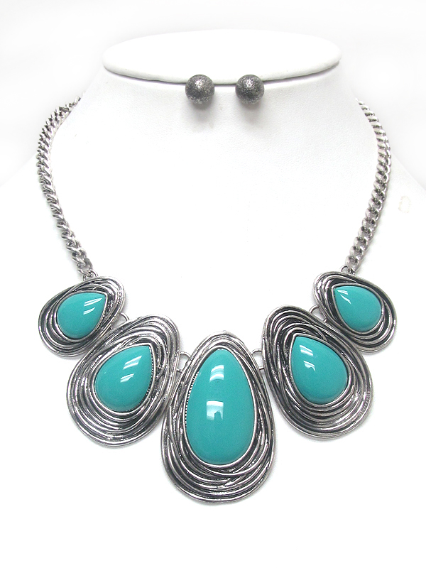 Wire wrap multi teardrop stone link necklace set