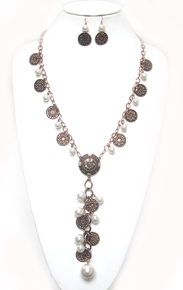 Multi pearl and metal coin dangle y shape long necklace set