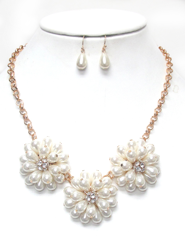 Crystal center pearl flower link necklace set