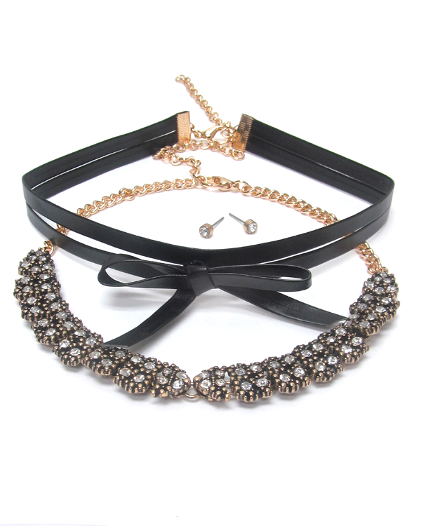CRYSTAL AND LEATHERETTE BOW DOUBLE CHOKER NECKLACE SET