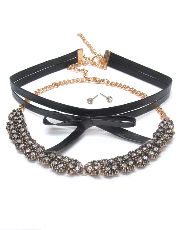 Crystal and leatherette bow double choker necklace set