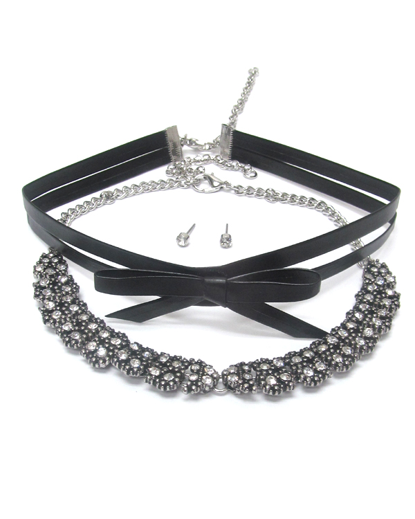 Crystal and leatherette bow double choker necklace set