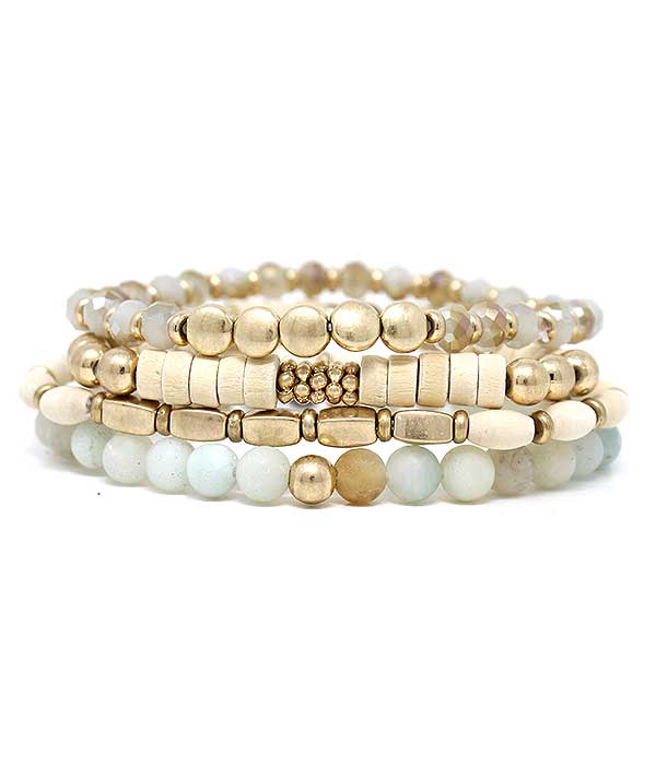 Multi facet and semi precious stone mix 4 stretch bracelet set