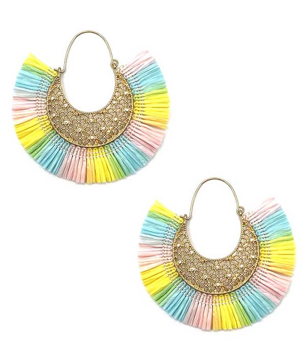 Metal filigree and raffia fan tassel earring