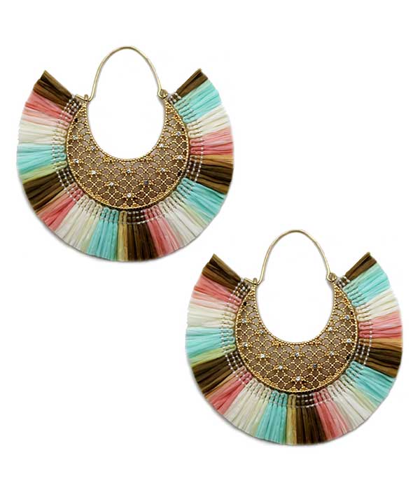 Metal filigree and raffia fan tassel earring