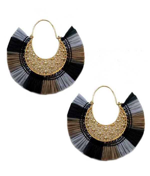 METAL FILIGREE AND RAFFIA FAN TASSEL EARRING