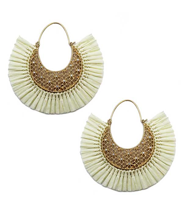 Metal filigree and raffia fan tassel earring