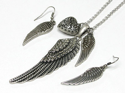 Crystal angel wing pendant necklace and earring set