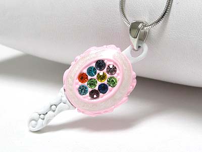 Made in korea whitegold plating crystal metal epoxy miniature hand mirror pendant necklace