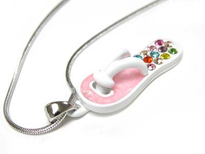 Made in korea whitegold plating crystal metal epoxy flip flop pendant necklace