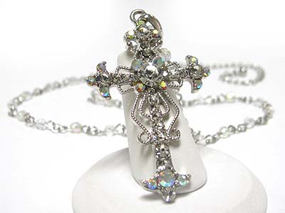 Crystal cross and beads chain necklace