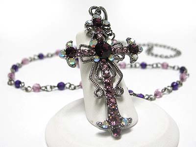 Crystal cross and beads chain necklace