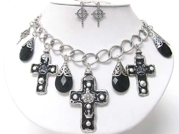 Multi cross and facet tear drop neckalce earring set
