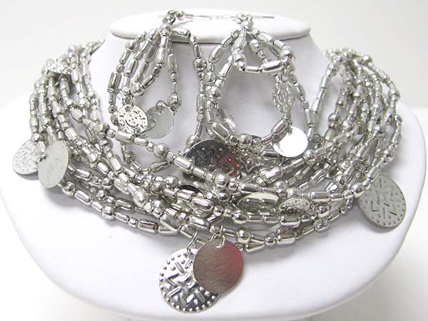 Multi strand metallic beads and coin dangle necklace earring set