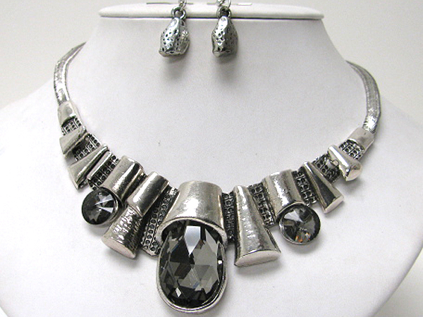 Facet glass terar drop architectural metal link necklace earring set