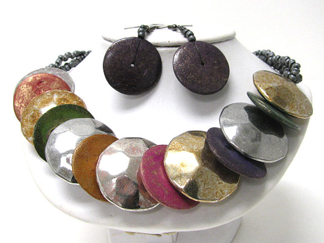 Metal and patina disk link necklace earring set