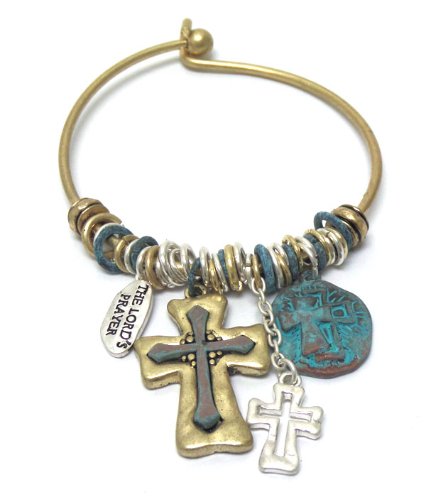 Vintage rustic religious inspiration cross charm bangle bracelet