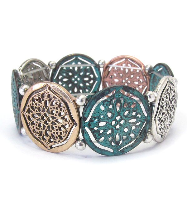 METAL FILIGREE MULTI RUSTIC DISK STRETCH BRACELET