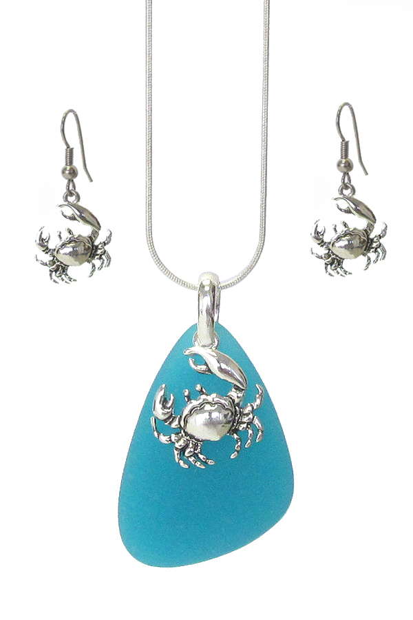 SEALIFE THEME SEA GLASS PENDANT NECKLACE SET - CRAB