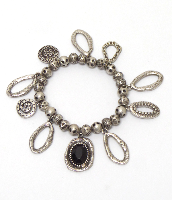 Multi natural oval metal charm stretch bracelet 
