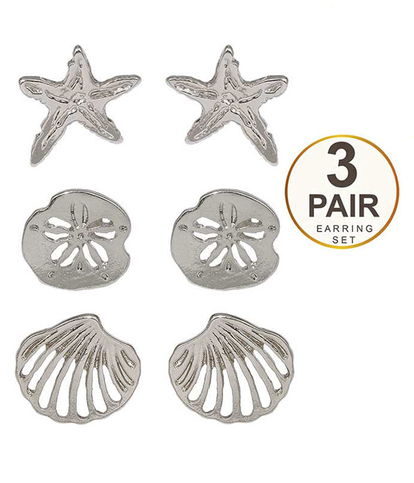 Sealife theme 3 pair earring set - starfish sand dollar shell