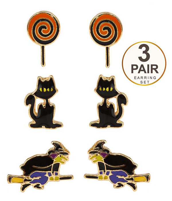 HALLOWEEN THEME 3 PAIR EARRING SET - CAT AND WITCH