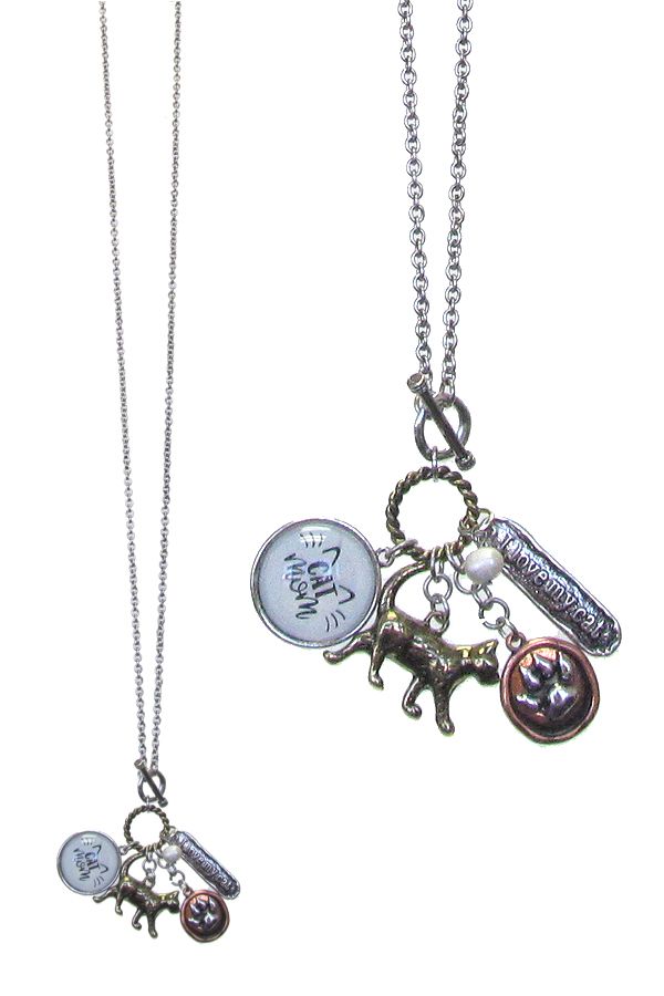 CAT LOVERS MULTI CHARM CABOCHON LONG NECKLACE - CAT MOM