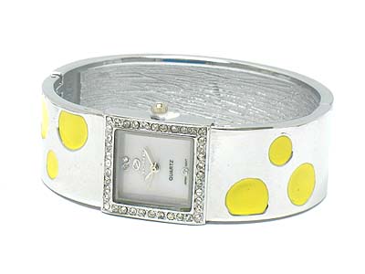 POLKA DOT CRYSTAL DECO FACE METAL BANGLE WATCH